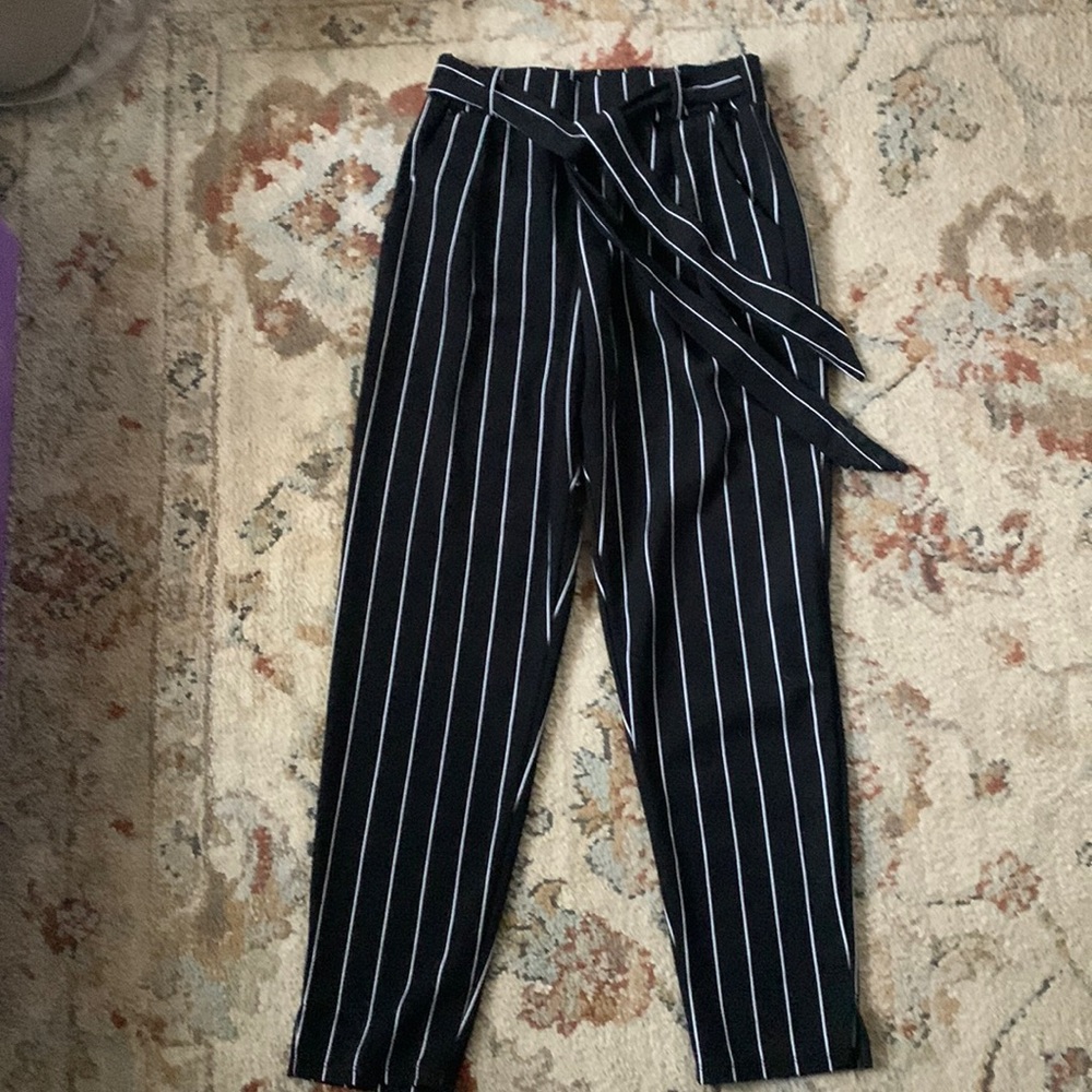 Black and white pinstripe tie waist pants